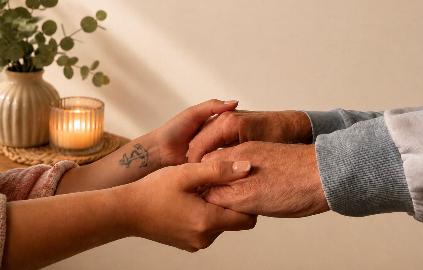 Eine jüngere Hand hält die Hand eines älteren Menschen, daneben eine Kerze und Eukalyptus